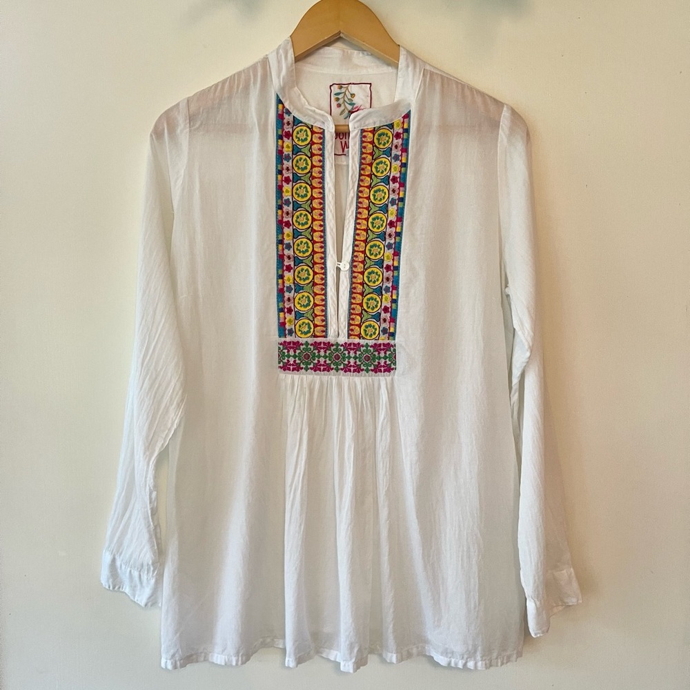 Johnny Was white blouse colorful embroidered size M